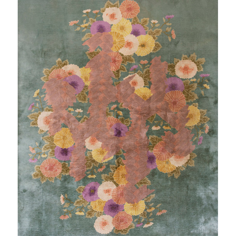 Artistic Antique Teal Color Floral Pattern Chinese Art Deco Rug