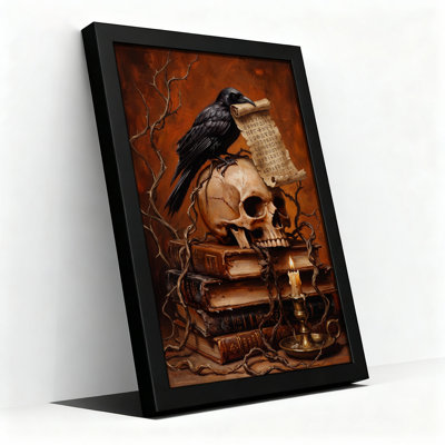 Black Raven On Skull With Ancient Scroll Halloween Canvas Wall Art
