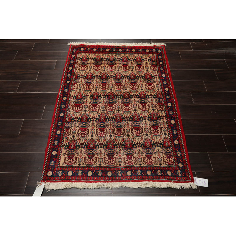 Tapis bleu marine en laine noué à la main de conception unique 3 pi 7 po x 4 pi 11 po