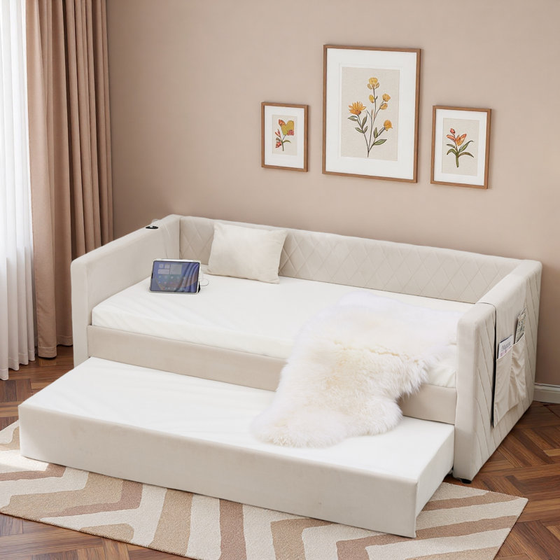 Lit de jour Diamond Grid Velvet, Beige
