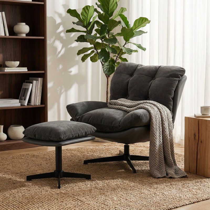 Upholstered Chenille Swivel With Footstool Accent Chair
