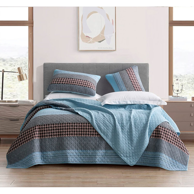 Red/Blue Pre-Washed Cotton Striped Quilt Set, King Quilt + 2 King Shams