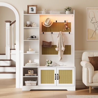 67" H Entryway Rattan Hall Tree With Shoe Storage Bench