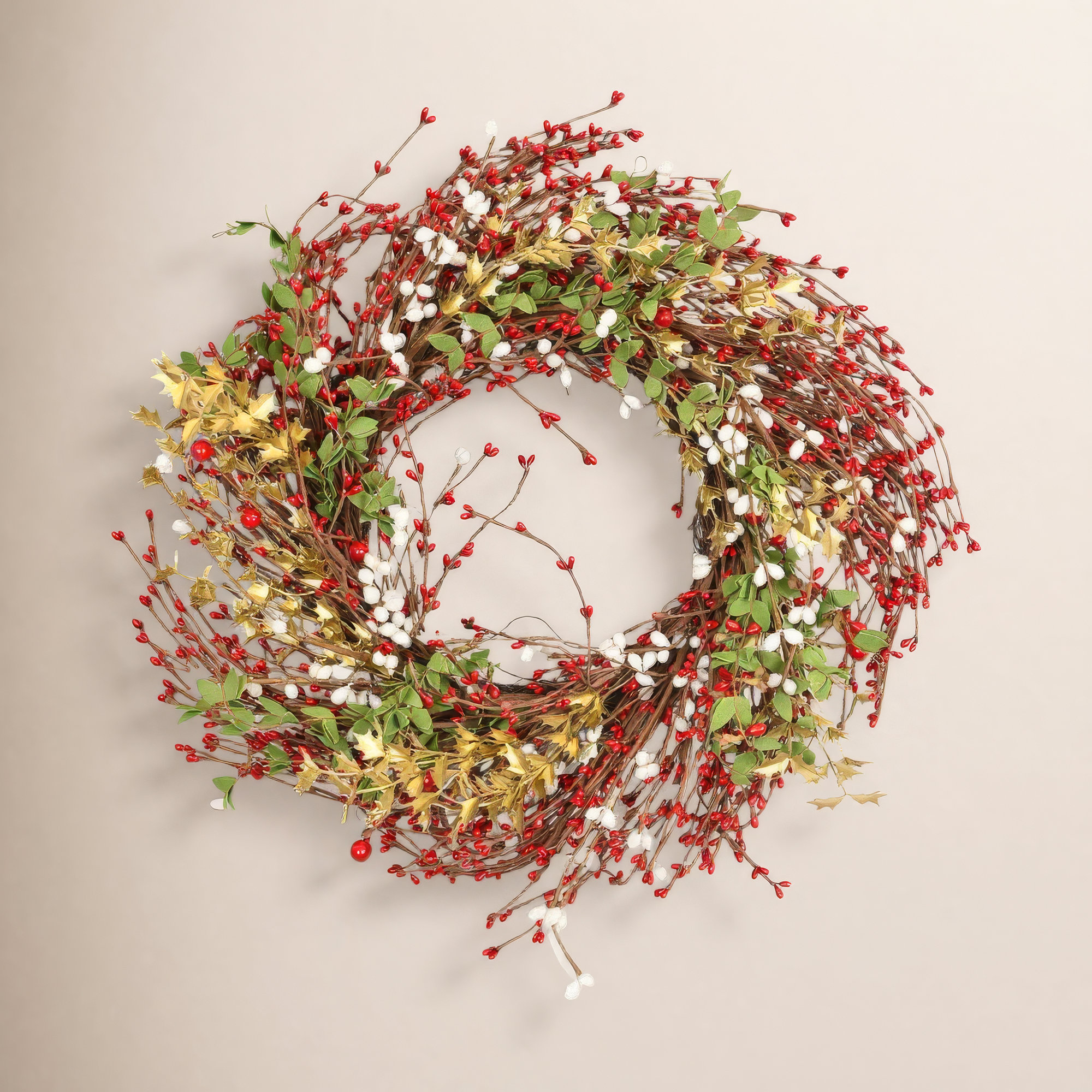 18" Artificial Farmhouse Grapevine Twig Mini Eucalyptus Berry Pip Christmas Day Winter Wreath For Front Door