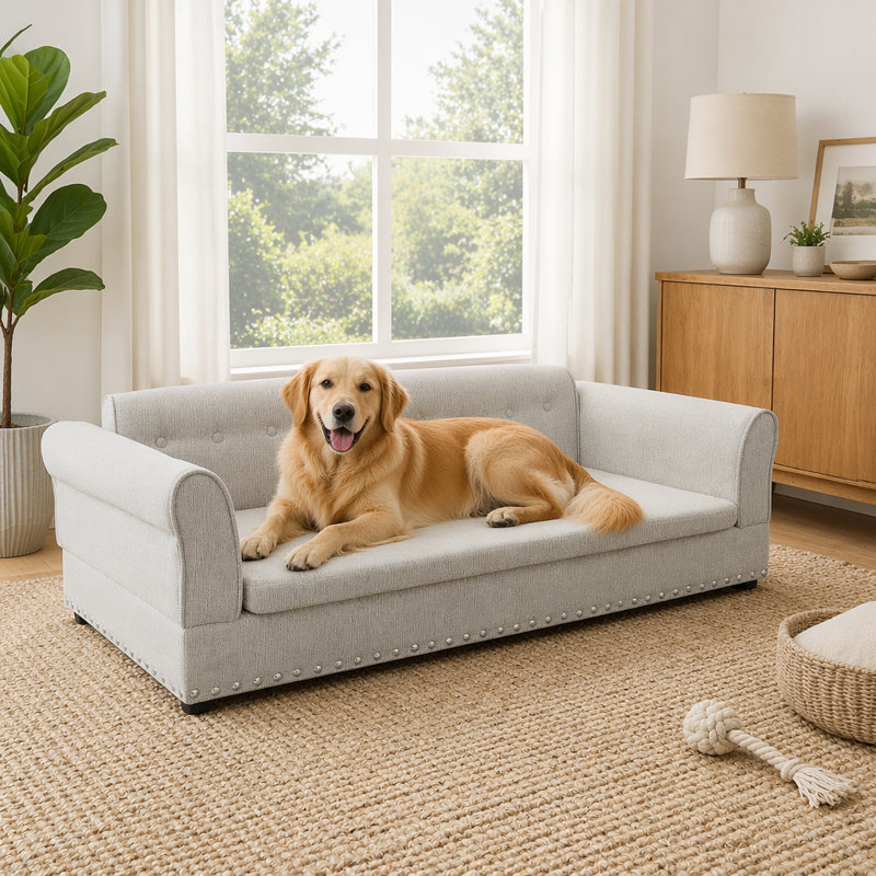 Canapé surdimensionné pour animal de compagnie, élégant canapé-lit surélevé en tissu de lin moderne, lit pour animal de compagnie rectangulaire surdimensionné confortable avec dossier et accoudoirs pour grands chiens surdimensionnés - beige