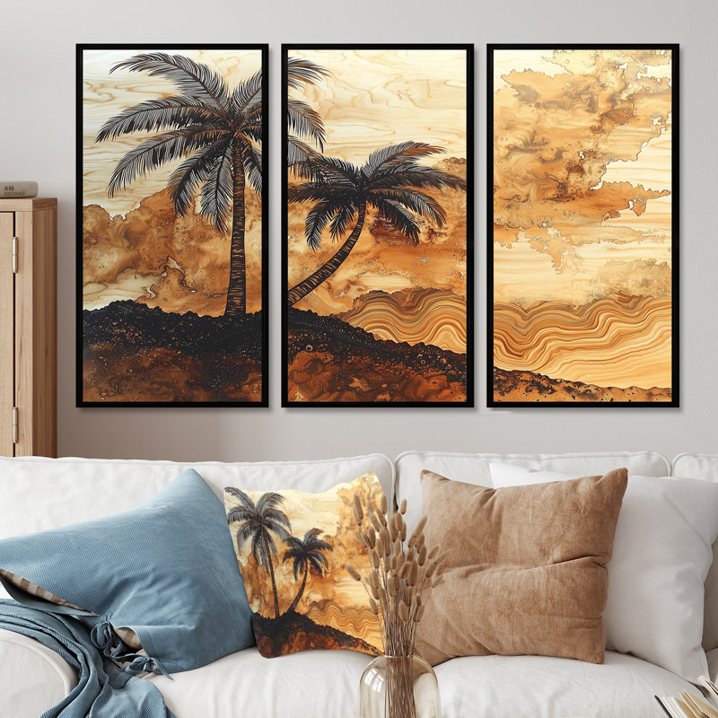 Palmier en cuivre sur bois, paysage III - palmiers, art mural - 3 panneaux, H 32 po x l 48 po, Noir