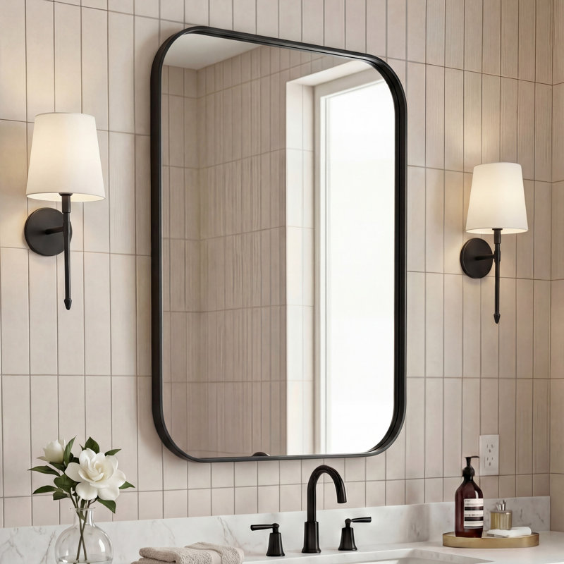 Aleria 24 in. W x 36 in. H Medium Rounded Rectangular Metal Framed Wall Mounted Bathroom Vanity Mirror, Black, Black