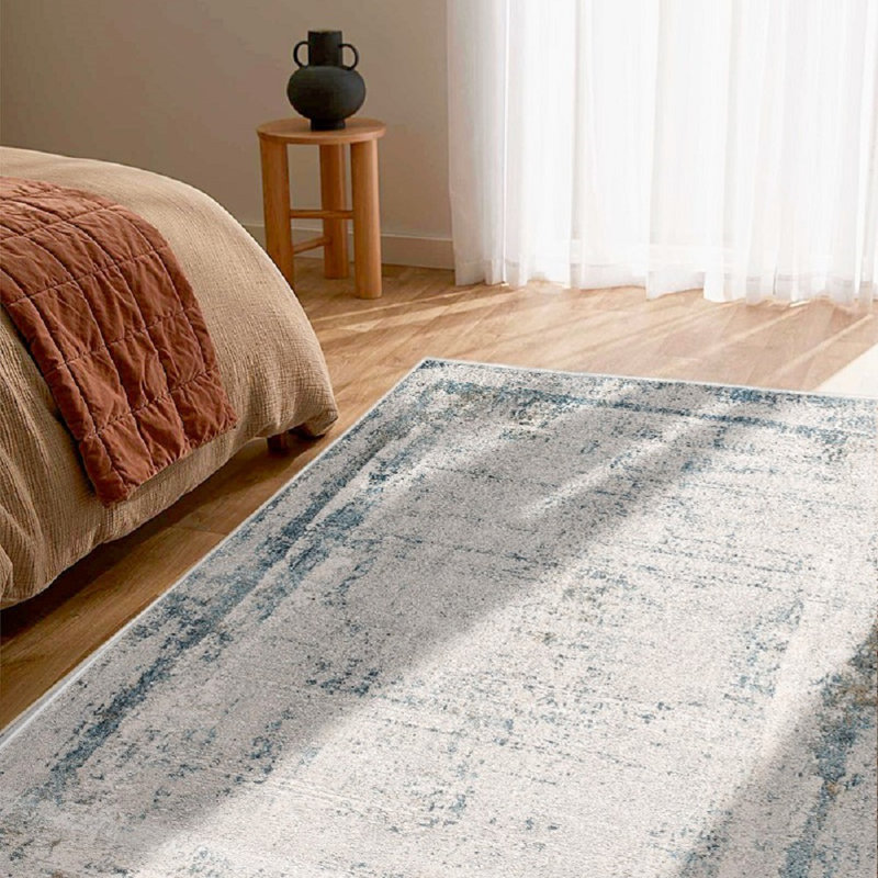 Ensemble de tapis abstrait crème / bleu, Rectangle 7 pi 9 po x 10 pi 9 po