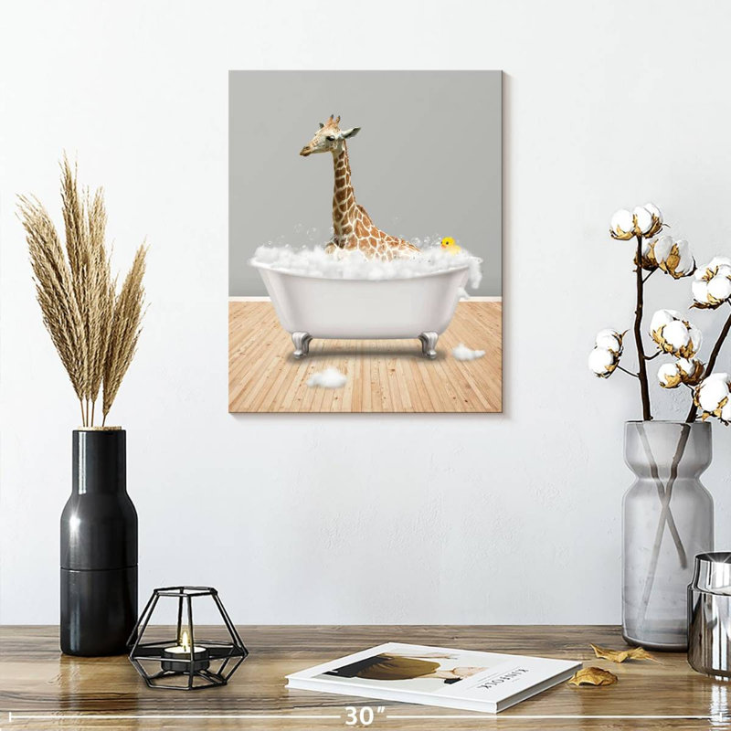 Impression sur toile, girafe et baignoire, H 15 po x l 12 po x P 1,25 po