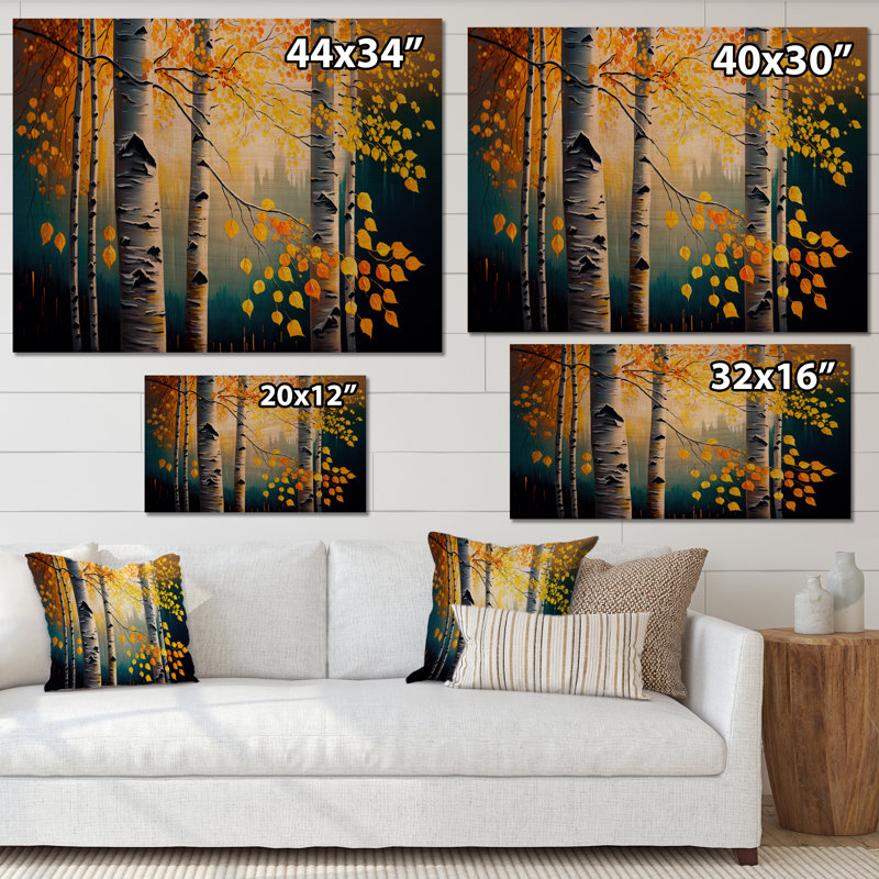 Into A Golden Birch Forest V - Paysage, art mural sur toile, H 12 po x l 20 po x P 1 po, Toile avec cadre flottant noir