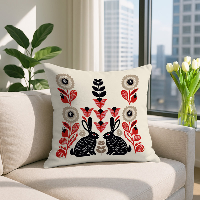 Oreiller carré réversible intérieur / extérieur Lexa Rabbit, Carré 15 po, Rouge