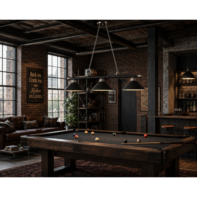Bowdon 3 - Light Pool Table Linear Pendant By RAM Game Room, Matte Black/Stainless Steel