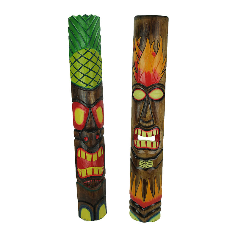 Ensemble de 2 masques totem tiki en bois tropical sculptés à la main avec base brune et îlot de couleurs vives - ensemble de 2, H 39,25 po x l 6,25 po x P 3 po