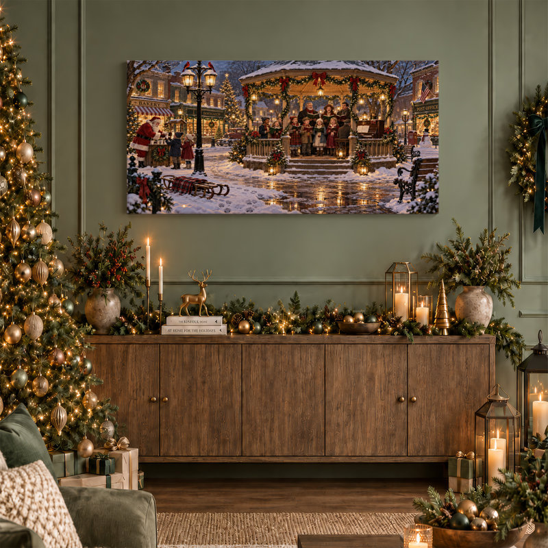 «Santa and Choir Singing in Snowy Town Square Christmas», art mural sur toile, L 46 po x H 24 po