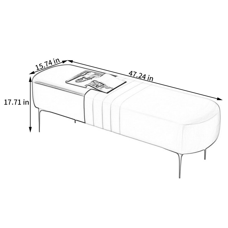 Banc rembourré en cuir clair de style italien léger, H 17,71 po x l 47,24 po x P 15,74 po, Blanc cassé / Pérou