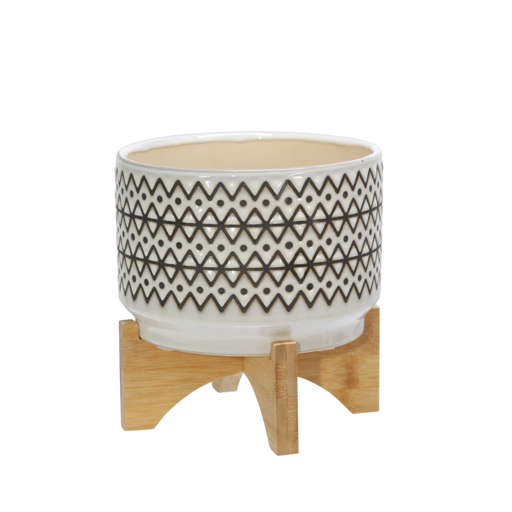 Support en bois de bambou à motif zigzag abstrait ivoire et noir de 8 po de diamètre sur 7 po pour le salon, la salle à manger ou le patio