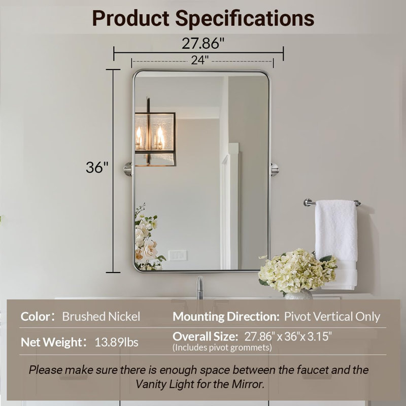 Modern Metal Tube Framed Rectangle Pivot Mirror Adjustable Tilting Bathroom Mirror, Brushed Nickel, 36" x 24"