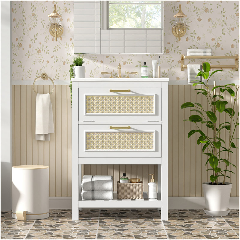 24" Bathroom Vanity With Integrated Ceramic Sink, Bathroom Cabinet With 1 Deep Drawer, 1 Tip-Out Drawer, Single Sink Bathroom Vanity For Small And Medium Restroom