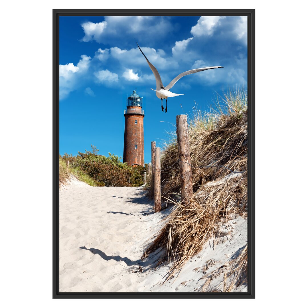 Gerahmtes Wandbild Schöner Leuchtturm am Strand