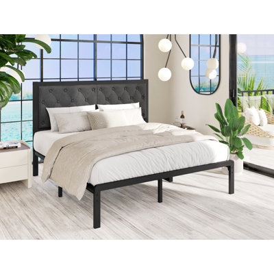 Upholstered Platform Bed with adjustable headboard, Queen Bed Frame