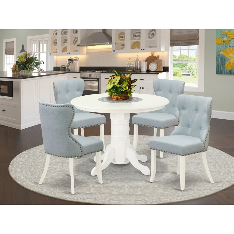 5 Piece Dining Table Set for 4 Includes a Round Kitchen Table with Pedestal and 4 Baby Blue Linen Fabric Parson Dining Chairs, Linen White