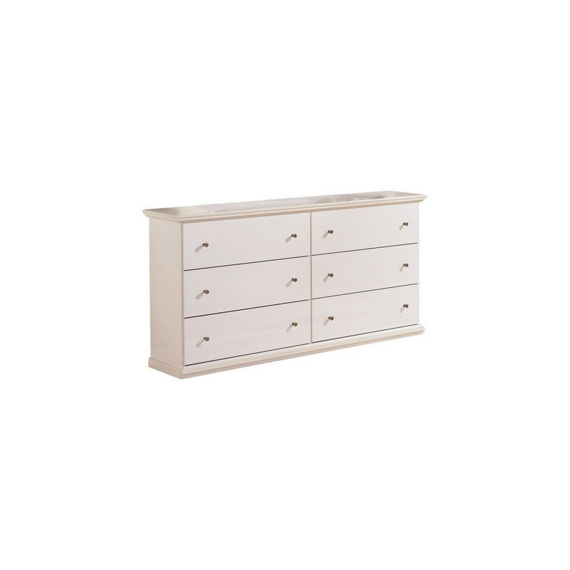 Commode Rikkie Vick de 63 po de largeur, 6 tiroirs avec boutons en étain, finition bois blanc