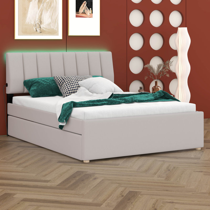 Lit plateforme tapissier double avec lit gigogne Merthie, Beige