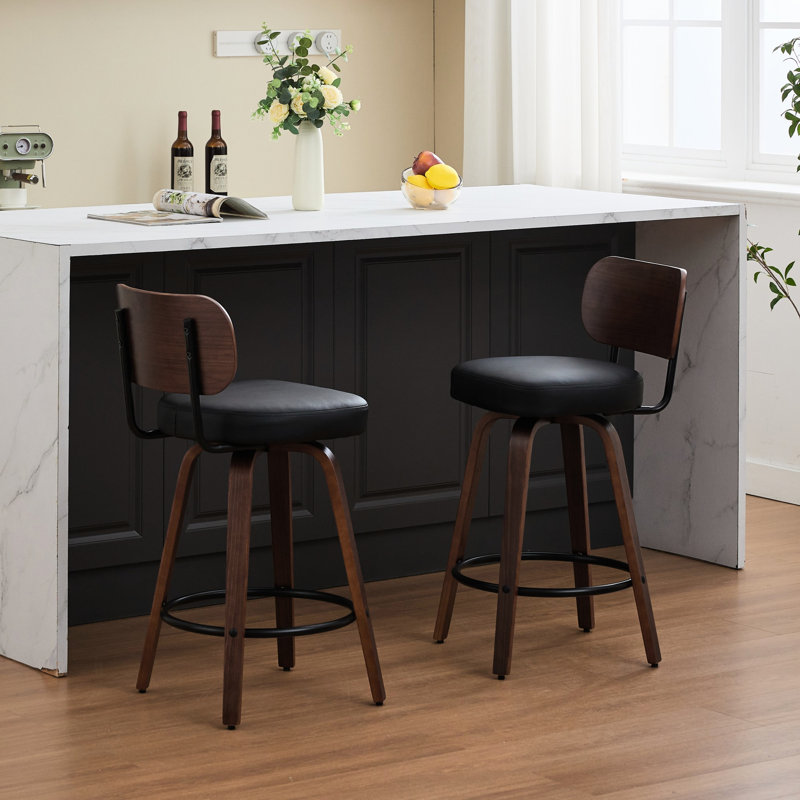 Of 2 American Design Wing Back Bar Stools With 360 Swivel, Ergonomic Cane Back, Upholstered Seat, Wooden Legs, Walnut Wood Construction For Island/Kitchen/Counter/Bar Walnut Black - Ventilated