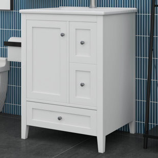 Meuble-lavabo 24 po avec lavabo en céramique, armoire de rangement multifonctionnelle avec trois tiroirs et tablette réglable, porte à fermeture en douceur