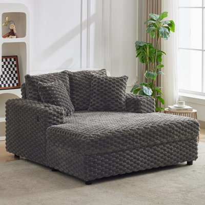 60" Oversized Corduroy Chaise Lounge Chair with Armrest, Throw Pillows, USB Ports & Cup Holders, Large Modern Recliner