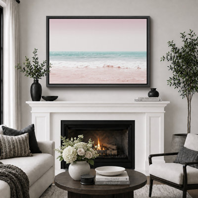 Plage côtière, rose, bleu sarcelle, vagues de l'océan, nature, paysage, illustrations, moderne, rustique