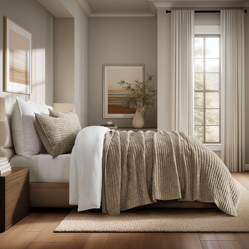 Luxe Velvet Channel Quilt Set, Queen, Camel Brown