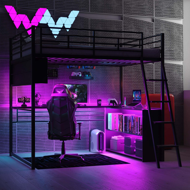 Lit mezzanine double en métal avec DEL, bureau et 4 tablettes de rangement