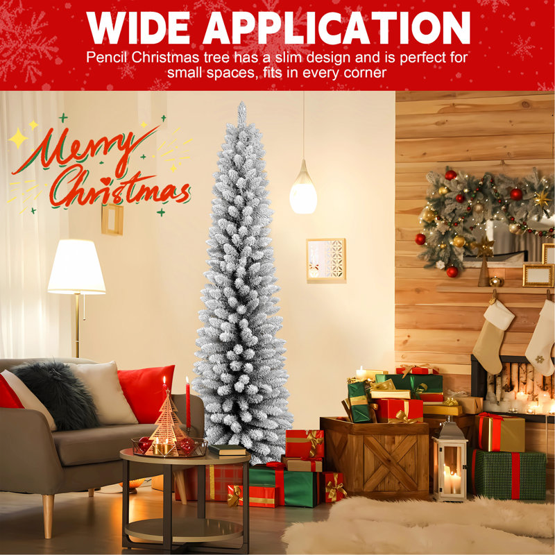 Arbre de Noël floqué au crayon - arbre en PVC mince avec pointes enneigées, conception peu encombrante, effet de neige réaliste, support en métal robuste, installation facile
