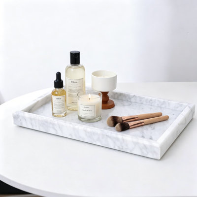 Plateau de meuble-lavabo en marbre naturel blanc Carrara, plateau de service décoratif de 12 x 8 pouces pour salle de bain, cuisine, meuble-lavabo, décoration intérieure, cadeau, pieds en caoutchouc antidérapants
