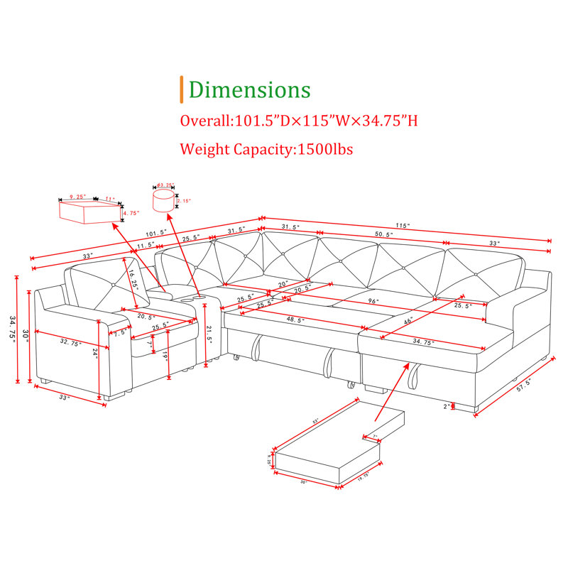 120" Chenille Suqare Arm Sectional Sleeper Sofa U Shaped Sectional Sofa With Pull Out Sleeper Bed With Storage Chaise