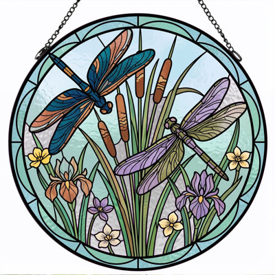 Dragonfly Pond Stained Glass Window Panel，12"H