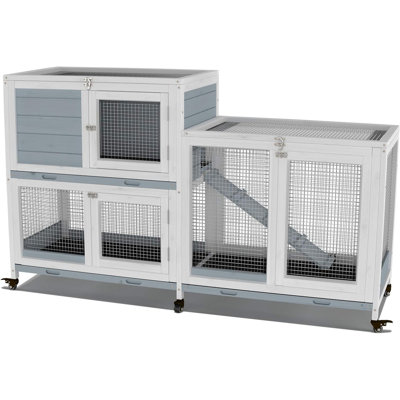 Two Floors 58" Wooden Indoor Bunny Hutch Rabbit Cage on Wheels Guinea Pig PET House for Small to Medium Animals Waterproof No Leak Tray