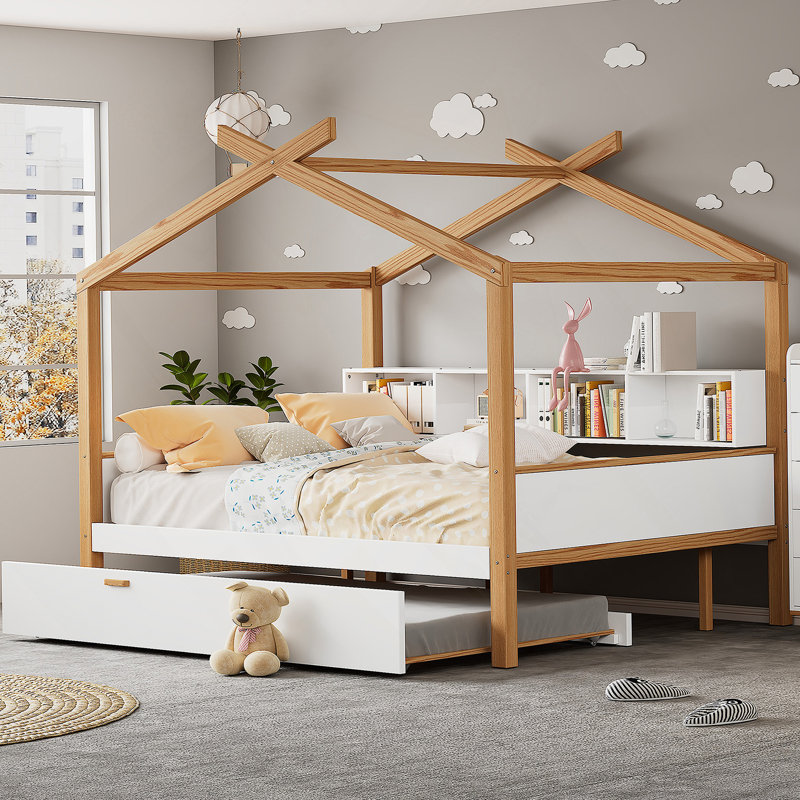 Lit double blanc en bois avec structure en bois originale, lit gigogne simple et bibliothèque