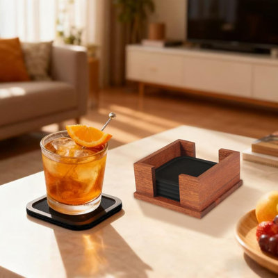  Sleek Absorbent Coasters For Drinks With Solid Acacia Wood Holder, Silicone Cup Mat With Removable Felt Insert, Non-slip, Non-stick, Gift For Coffee Table Kitchen Decor, 6pcs (black)