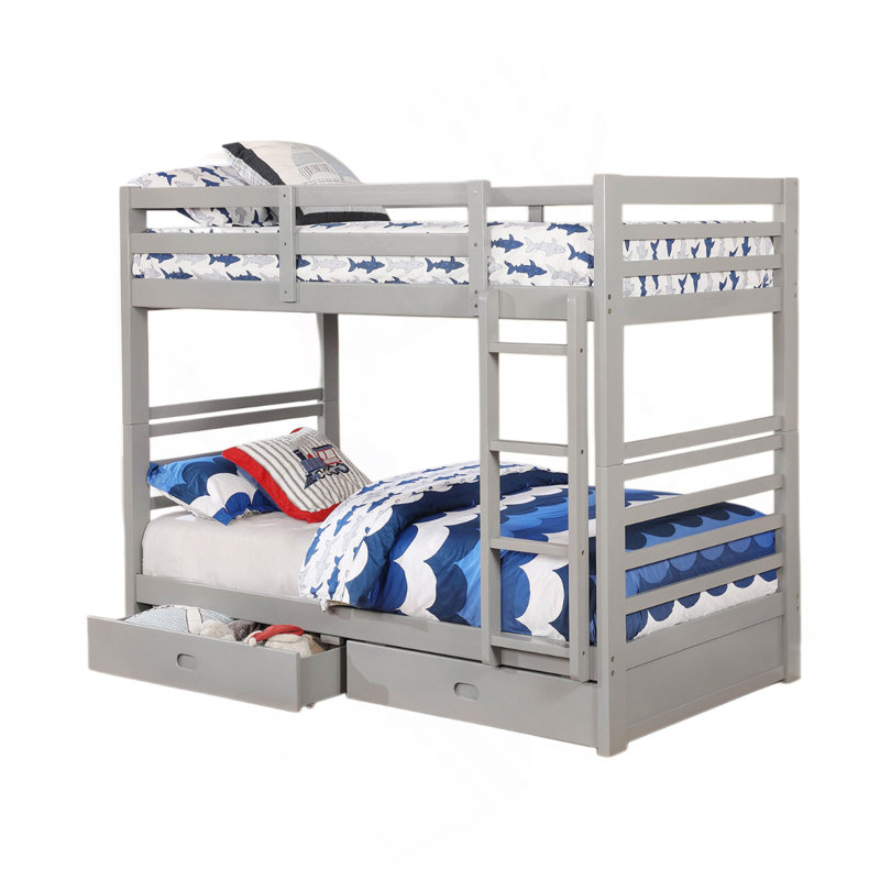 Lit classique au-dessus d'un lit superposé de style transitionnel avec échelle attachée à deux tiroirs , Gris
