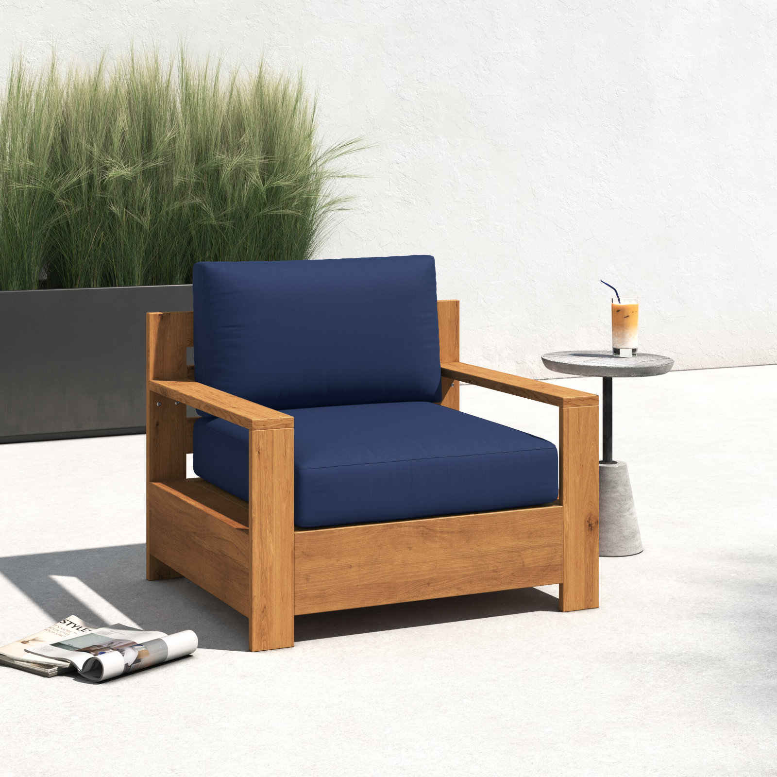 Miguelina Sunbrella® Patio Lounge Chair, Canvas Navy Sunbrella® Canvas, Natural Sanded