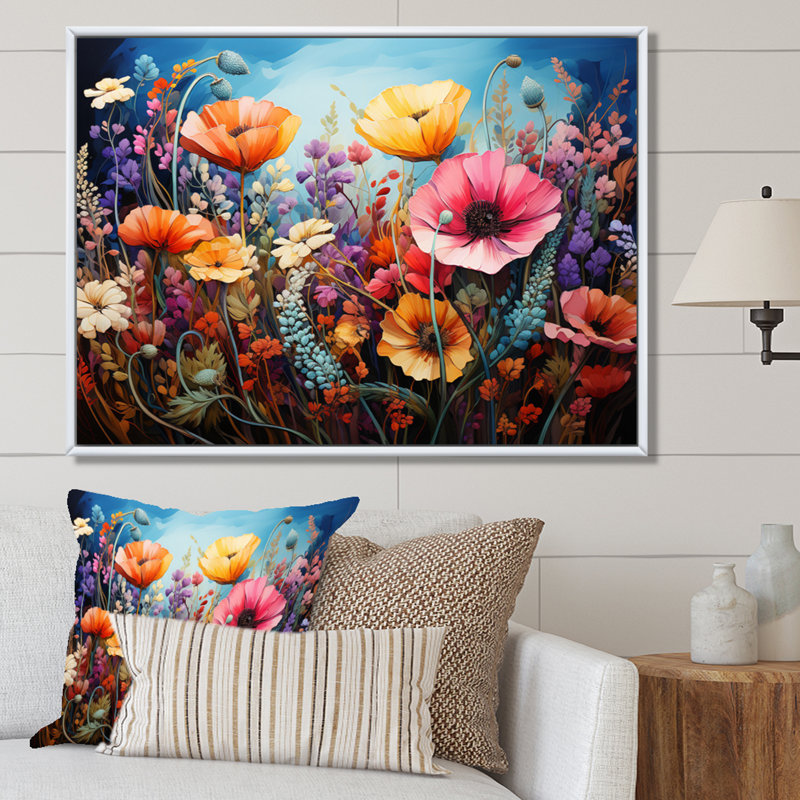 «Wildflowers Natures Bouquet Pointillism Dot I», reproduction sur toile, H 16 po x l 32 po x P 1 po, Cadre flottant blanc