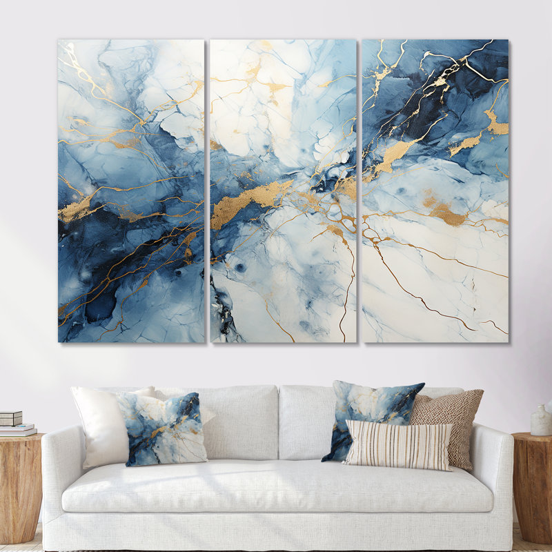 «White and Blue Thunderstorm Marble - Lightning», ensemble d'art sur toile, Toile tendue, H 40 po x l 60 po x P 1 po