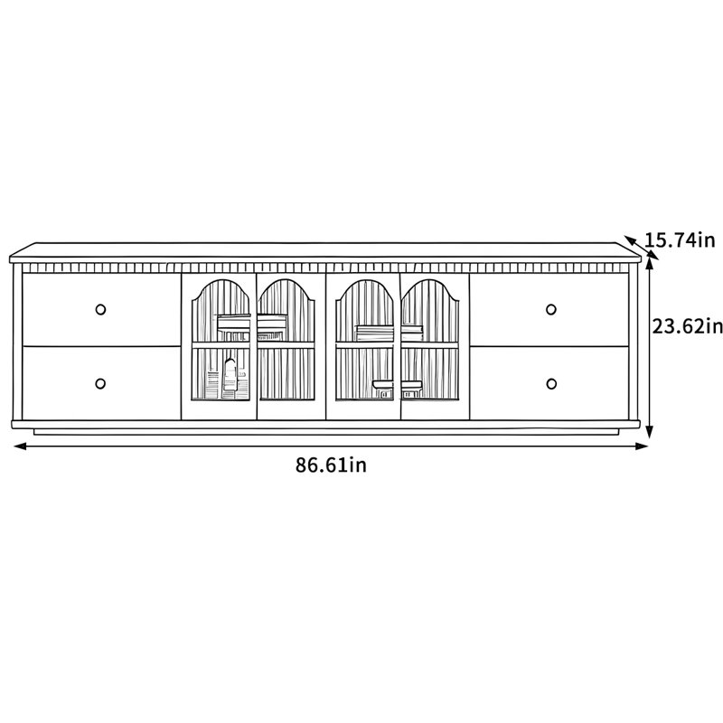 Meuble télé en bois massif de style français, H 23,62 po x L 86,61 po x l 15,74 po, Crème