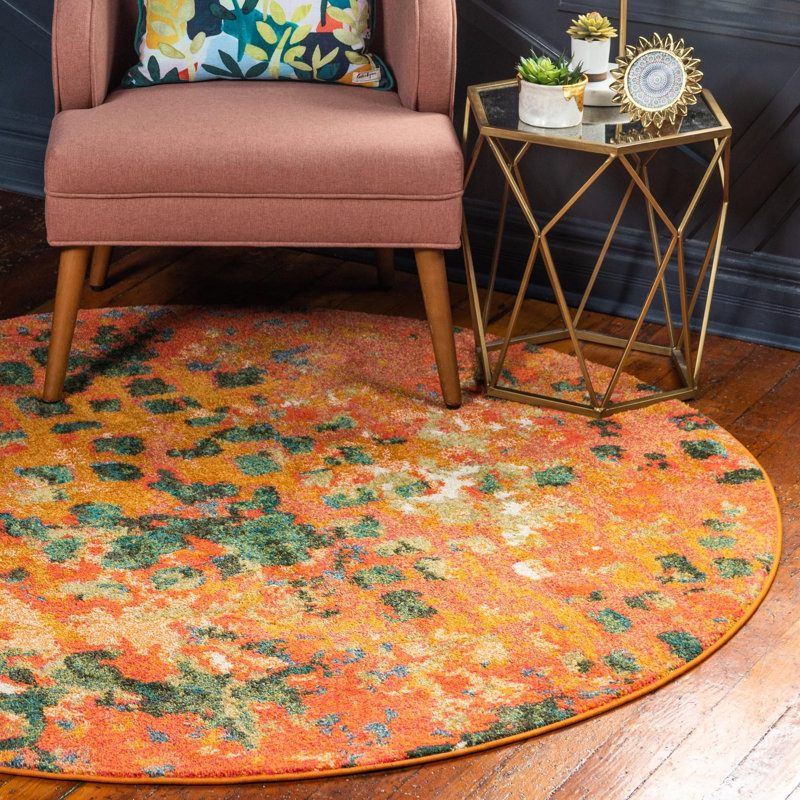 Tapis orange à motif abstrait Haneefa, Rond 8 pi