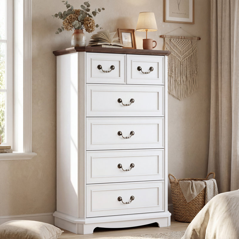Commode 6 tiroirs Vintage, commode en bois de 46 po de hauteur pour chambre à coucher avec poignée en métal, Brun / Blanc