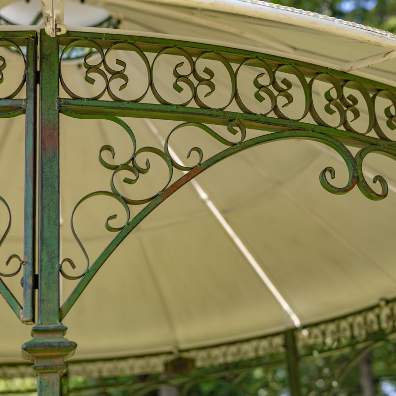 11.25ft. Tall Round Iron Gazebo with Four Side Walls & Flowers Baskets Seville, Off-White, Antique Green