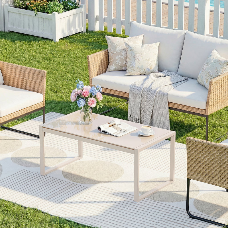 Rectangle Black Coffee Table With Tempered Glass, Beige