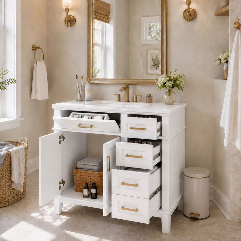 Meuble-lavabo moderne de 36 po avec lavabo en céramique blanc, porte à fermeture en douceur et 4 tiroirs de rangement, offrant un look raffiné avec une fonctionnalité pratique au quotidien.